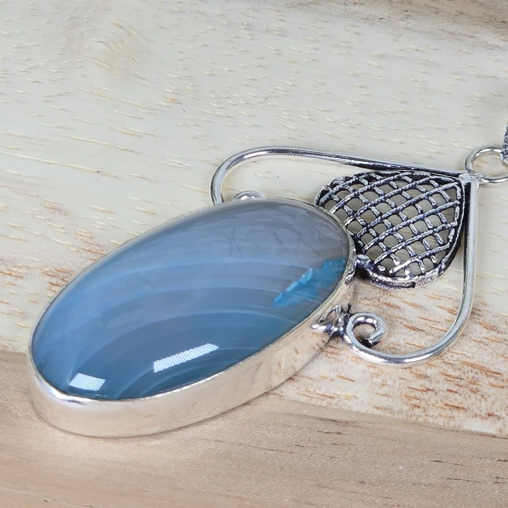 Vintage Style Blue Chalcedony Gemstone Pendant Necklace Country Boho Whimsi New